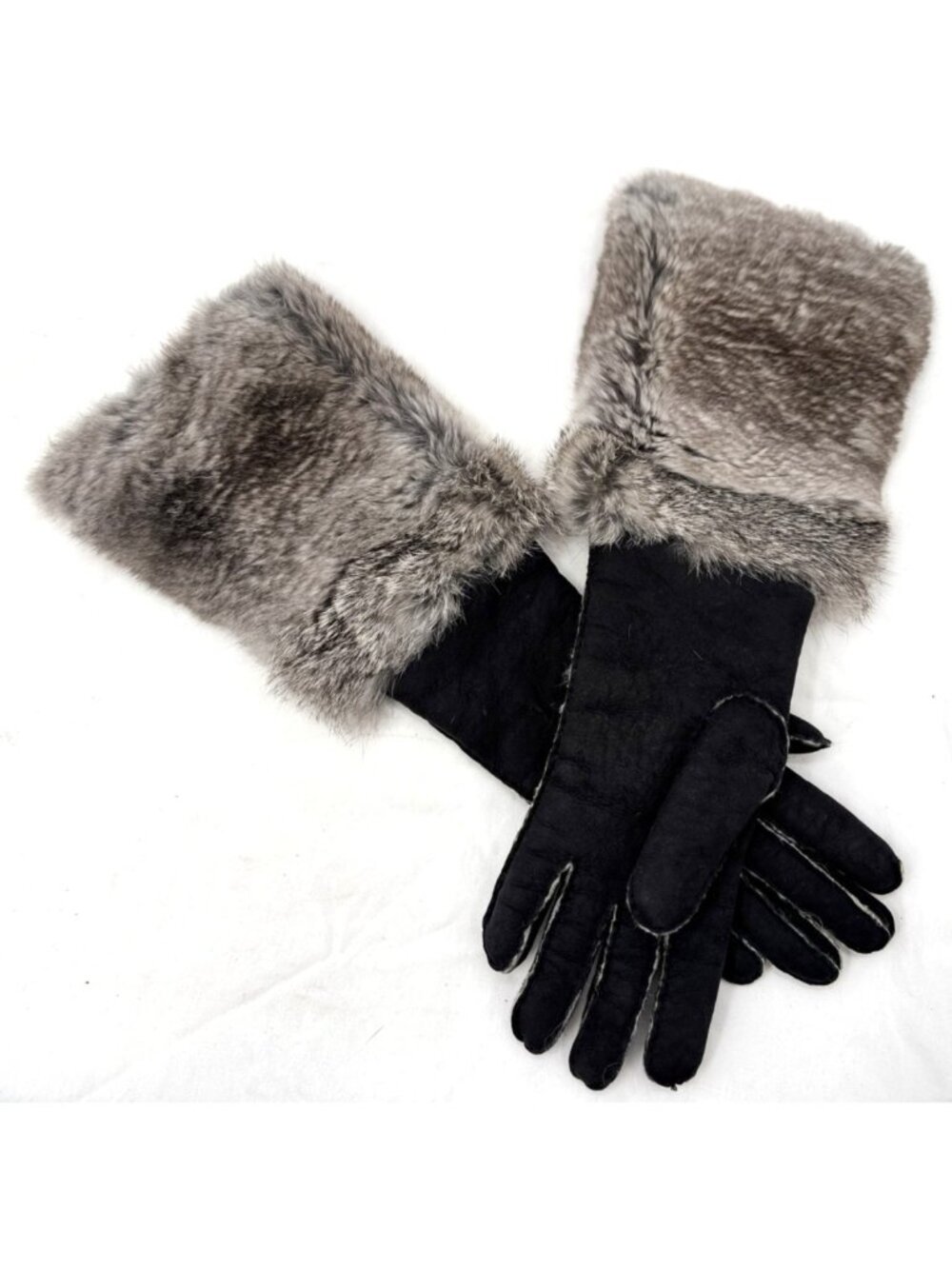 Vintage French Sheepskin Shearling Rabbit Fur Long Elbow Length Gloves Sz 7.5